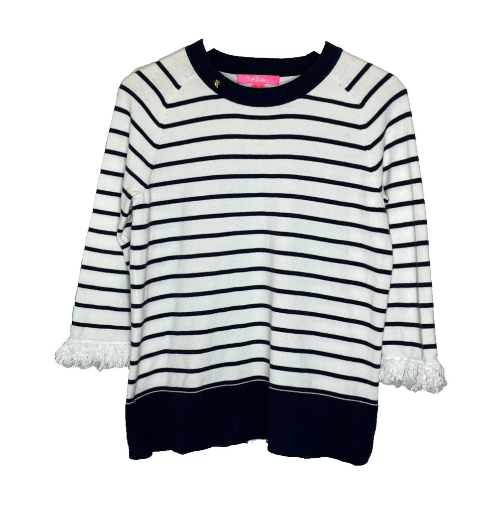 Women's Small Lilly Pulitzer Dasha White Stripe Fringe Trim Cotton Blend Sweater
